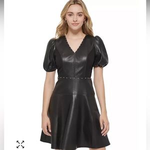 NWOT Womens Karl Lagerfeld Paris Faux Leather A-Line Mini Dress Sleeve size 4